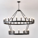 2 Tiers Wagon Wheel Chandelier Wooden Farmhouse 36 Light (24 / 12) Or (12 / 24) Metal Chandeliers 2 Story Light Fixtures Industrial For High Ceiling Living Dining Room Foyer, Adjustable Height - Black by HouseOfZazla