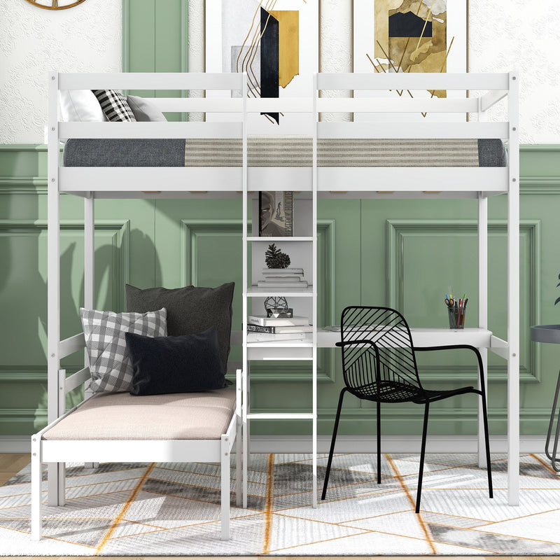 Convertible Loft Bed with L-Shape Desk, Twin Bunk Bed with Shelves and Ladder, White