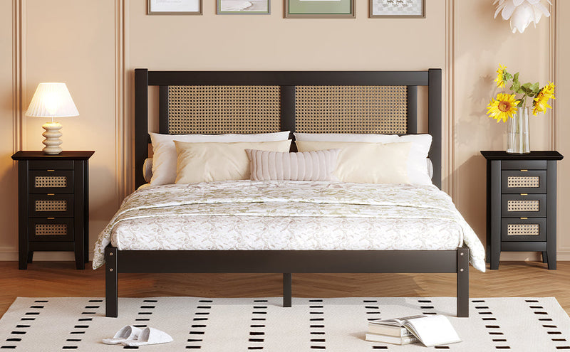 3-Pieces Bedroom Sets Queen Size Wooden Platform Bed with Natural Rattan Headboard, Nightstands Set of 2 with Rattan-Woven Surfaces and Three Drawers for Bedroom, Black