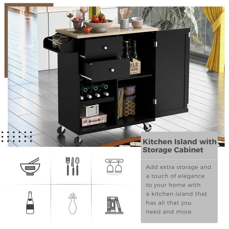 Kitchen Cart with Spice Rack, Towel Rack & Two Drawers, Rubber wood top, Kitchen Island with 4 Wheels for Dining Rooms Kitchens Living Rooms, Black