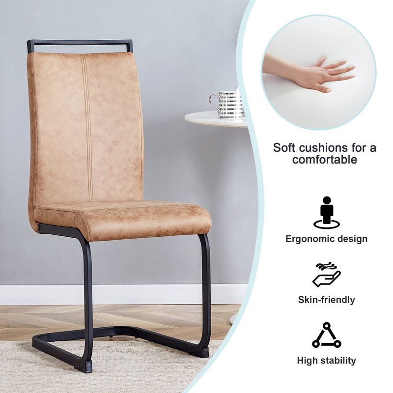 A modern and practical circular dining table. Made of MDF tabletop and wooden MDF table legs. 4-piece technology cloth high backrest cushion side chair, C-shaped tube black metal legs.