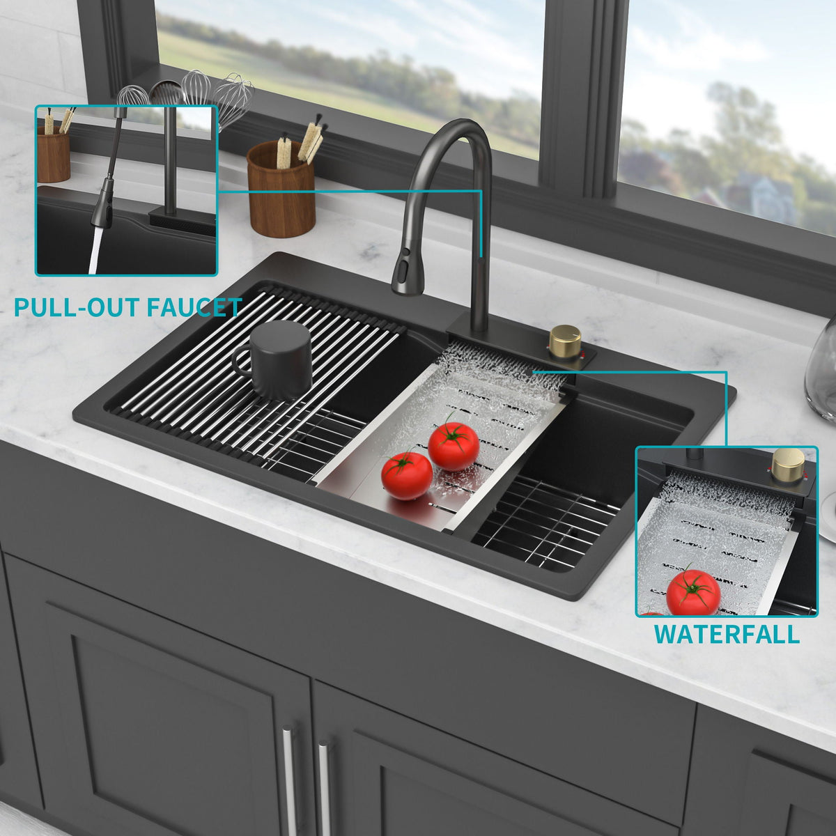 Waterfall Kitchen Sink With Pull Out Faucet & Cup Washer, photo 31 of 40