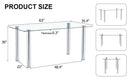 A modern minimalist style glass dining table. Transparent tempered glass tabletop with a thickness of 0.3 feet and silver metal legs. Suitable for restaurants and living rooms. 63 "x 35.4" x 30"
