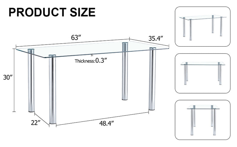 A modern minimalist style glass dining table. Transparent tempered glass tabletop with a thickness of 0.3 feet and silver metal legs. Suitable for restaurants and living rooms. 63 "x 35.4" x 30"