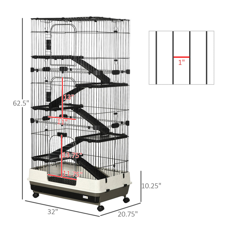 60" Small Animal Cage with Wheels, 6-Level Portable Bunny Cage, Chinchilla Ferret Cage with Removable Tray, Platforms and Ramps, Black