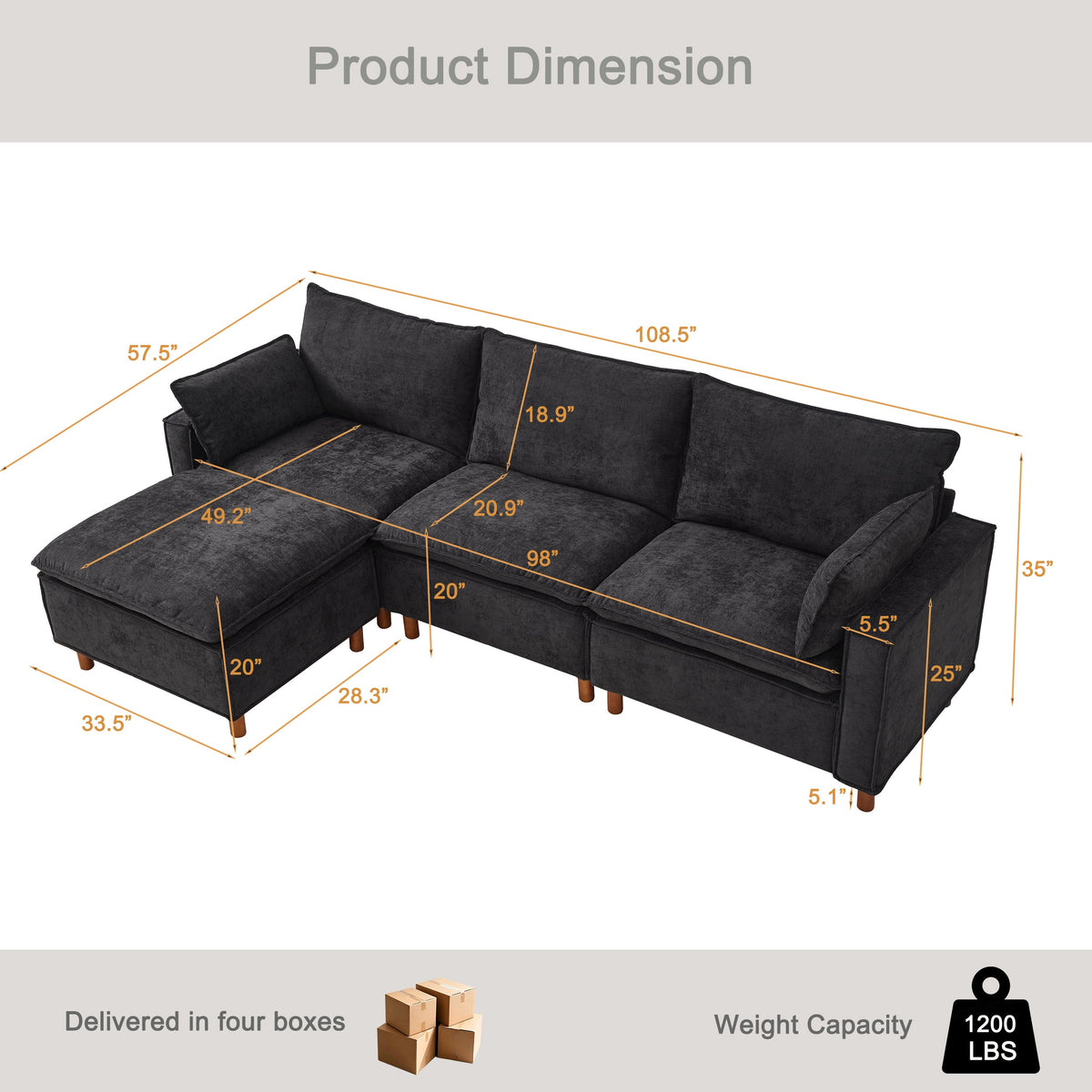 108.5" Modular Sectional L Shape Sofa with Movable Ottoman, photo 10 of 10