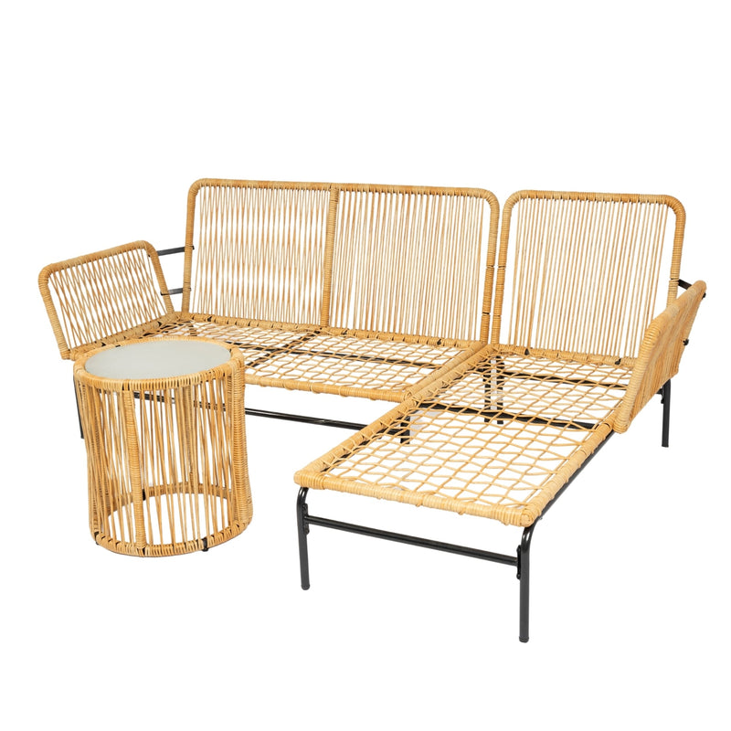3 Pieces Outdoor Patio Wicker Furniture Sets Table and Chairs with 3.15-inches Thick Cushion Outdoor Sofa Set Natural Yellow Wicker + Creme Cushion