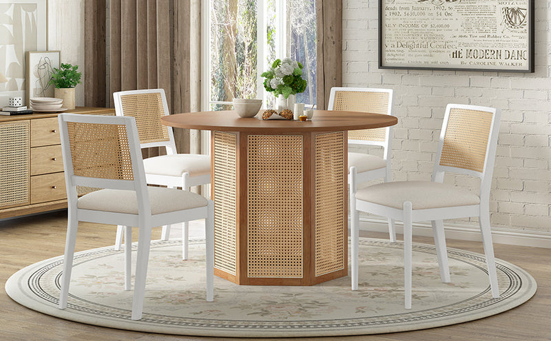 5-Piece Rattan Round Dining Table Set, Wood Table with Hexagonal Base and Upholstered Chairs for Dining Room, Kitchen,Indoor Use, White+Beige