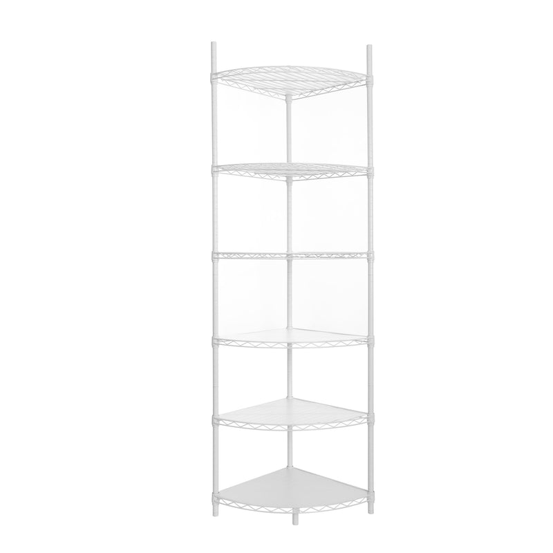 6 Tier Shelf Corner Wire Shelf Rack Adjustable Metal Heavy Duty Free Standing Corner Storage Display Chrome Rack for Bathroom, Living Room, Kitchen - White