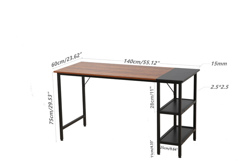 55-inch oversized computer desk, small study desk with wooden storage shelf, 2-layer industrial modern laptop desk with splicing board, (black and Rustic Brown)