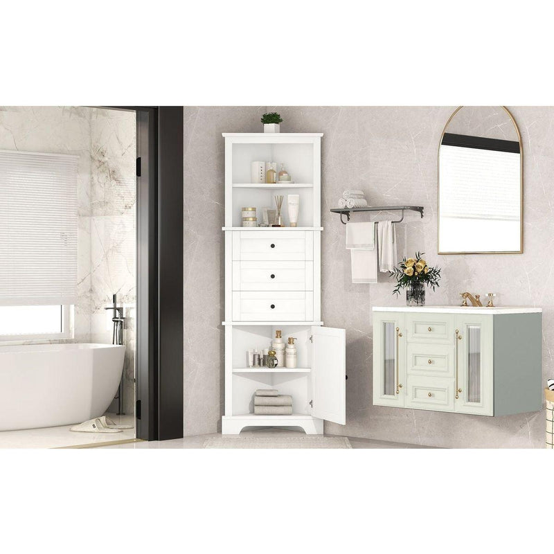 White Triangle Tall Cabinet with 3 Drawers and Adjustable Shelves for Bathroom, Kitchen or Living Room, MDF Board with Painted Finish