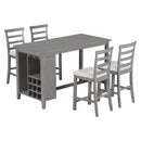 5-Piece Multi-Functional Rubber Wood Counter Height Dining Set with Padded Chairs and Integrated 9 Bar Wine Compartment, Wineglass Holders for Dining Room (Gray)