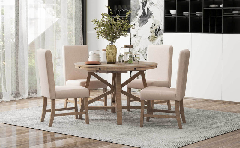 5-Piece Retro Functional Dining Set with Extendable Round Table with Removable Middle Leaf and 4 Upholstered Chairs for Dining Room and Living Room (Natural Wood Wash)
