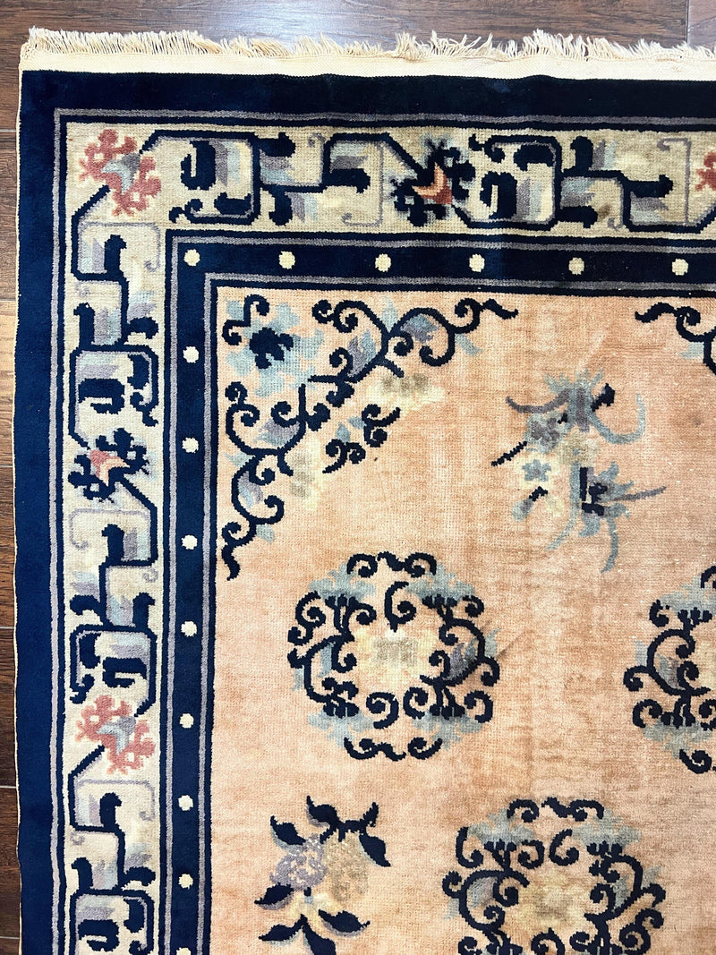 Chinese Peking Rug 4x6, Wool Hand Knotted Handmade Vintage Semi Antique Carpet, Semi Open Field, Light Peach & Navy Blue, Art Deco Rug