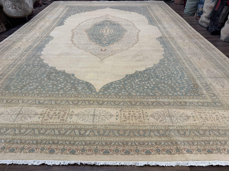 Palace Size Pak Persian Rug 12x18, Haji Jalili Design, Pakistani Carpet, Oat and Light Blue, Fine 260 KPSI