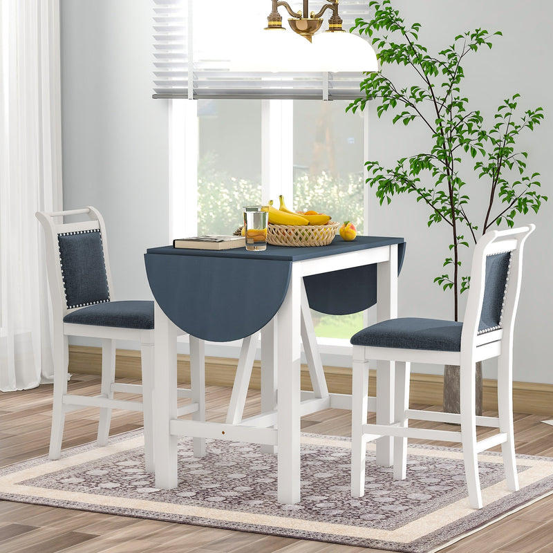 3-Piece Wood Counter Height Drop Leaf Dining Table Set with 2 Upholstered Dining Chairs for Small Place, White+Gray