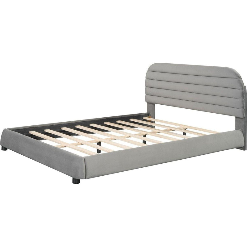 Queen Size Velvet Upholstered Platform Bed,Solid Frame and Stylish Curve-shaped Design, Gray