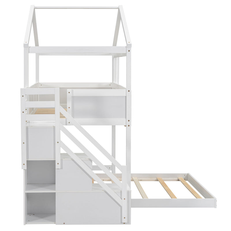 Walker Edison | Twin over Full House Bunk Bed with Storage Staircase and Blackboard, White