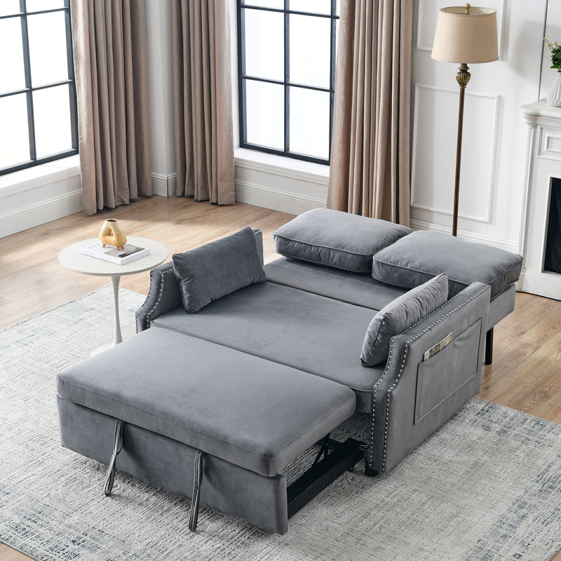 50" Velvet Upholstered Sleeper Sofa bed with Side Storage Pockets, Nailhead Design, 2-Seater Sofa with 2 Pillows and removeable Backrest Pull-out Sofa Bed for Small Spaces in Living Rooms