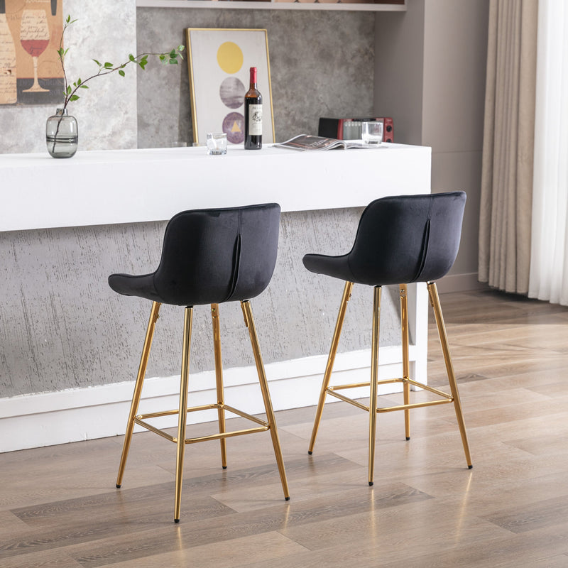 26 Inch Set of 2 Bar Stools, with Chrome Footrest Velvet Fabric Counter Stool Golden Leg Simple Bar Stool, BLACK
