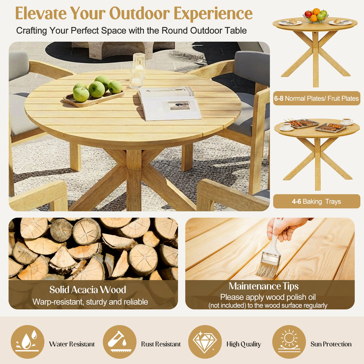 5-Piece Outdoor Acacia Wood Round Dining Set, photo 5 of 10