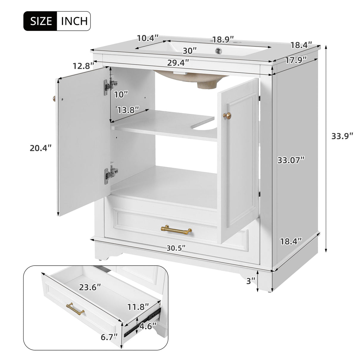 Bathroom Vanity With Sink, Cabinet & 2 Soft Closing Doors & Adjustable Shelf, photo 39 of 50
