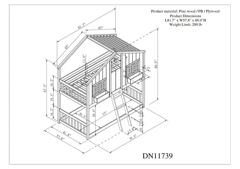 Twin over Twin House Bunk Bed with Roof, Window, Window Box, Door, with Safety Guardrails and Ladder, White