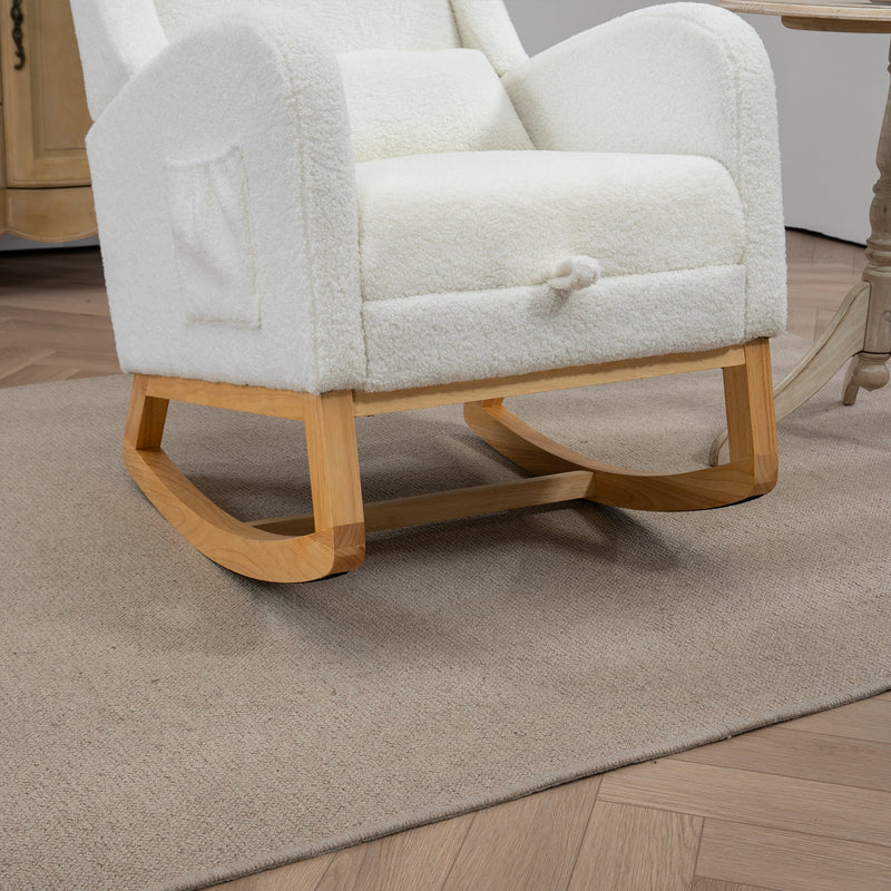 25.4'W Modern Rocking Chair for Nursery, Mid Century Accent Arm Rocker With Retractable Footrest, Side Pocket, Comfy Upholstered Wingback Wooden Glider Chair for Living Room Baby Kids Room. Ivory