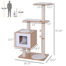 47"Modern Cat Tree Multi-Level Scratching Post With Cube Cave Enclosure - Oak Wood and White