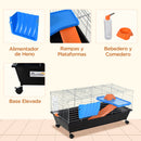 35"L Small Animal Cage, Rolling Bunny Cage, Guinea Pig Cage with Food Dish, Water Bottle, Hay Feeder, Platform, Ramp for Ferret Chinchilla, Black
