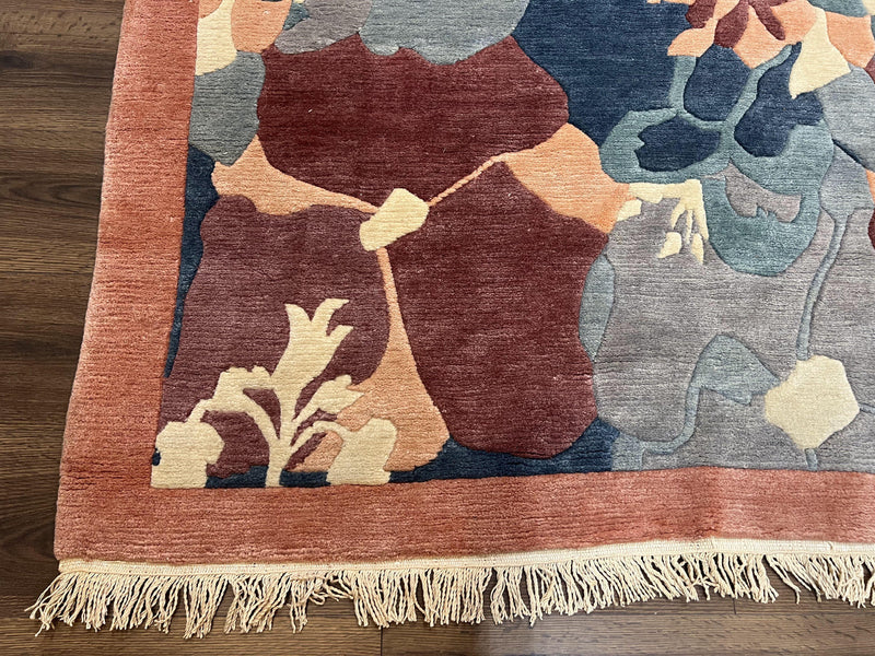 Modern Tibetan Rug 5.7 x 7.9, Abstract Multicolor Flower Pattern, Navy Blue Maroon Salmon, Soft Wool, Hand Knotted Contemporary Carpet 6x8