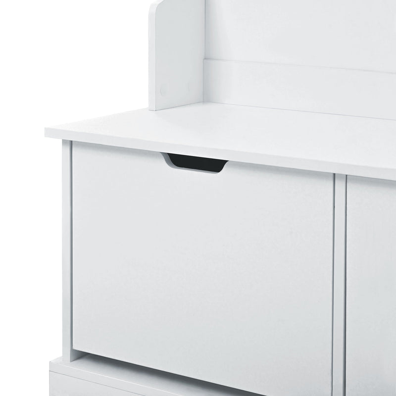 All in One Hall Tree with 3 Top Shelves and 2 Flip Shoe Storage Drawers, Wood Hallway Organizer with Storage Bench and Metal Hanging Hooks, White