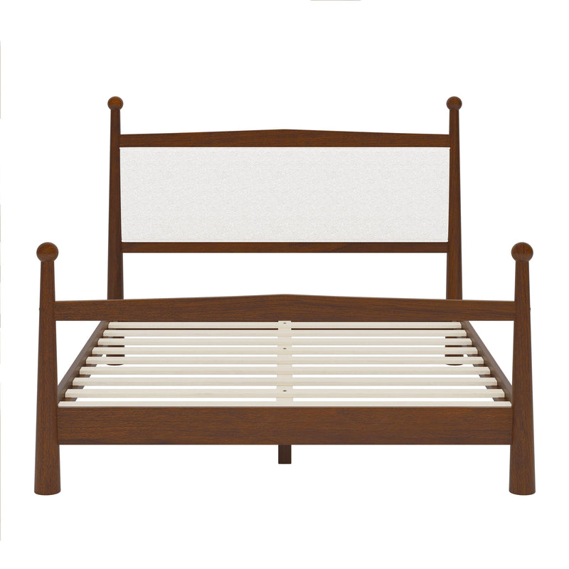 Mid-Century Modern Queen Size Solid Pine Wood Platform Bed with Upholstered Headboard in Boucle, No Box Spring Needed, Brown
