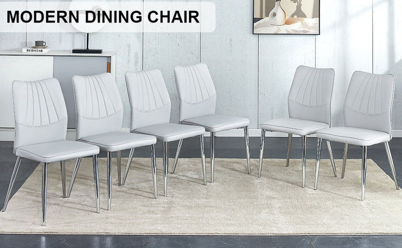 6 light gray dining chairs. Modern chairs from the Middle Ages. Made of PU material cushion and silver metal legs. Suitable for restaurants and living rooms