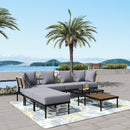 8-Piece Patio Sectional Sofa Set with Tempered Glass Coffee Table and Wooden Coffee Table for Outdoor Oasis, Garden, Patio and Poolside (Light Grey Cushion + Black Steel)