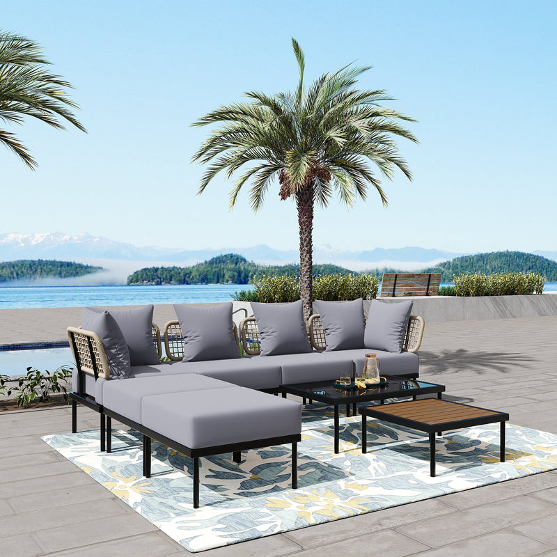 8-Piece Patio Sectional Sofa Set with Tempered Glass Coffee Table and Wooden Coffee Table for Outdoor Oasis, Garden, Patio and Poolside (Light Grey Cushion + Black Steel)