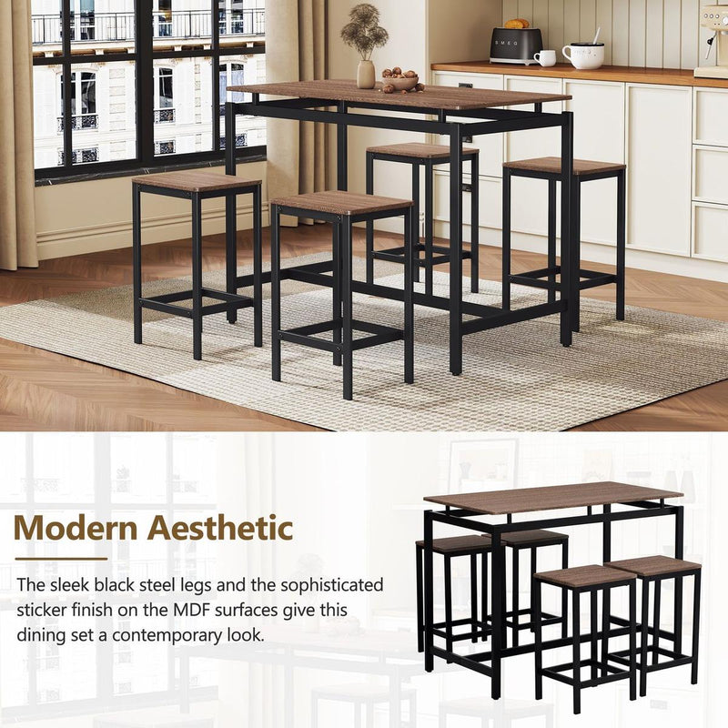 5-Piece Compact Bar Table Set with Table and Stools - Modern Industrial Design, Space-Saving Furniture for Dining Room and Breakfast Nook (Dark Brown)