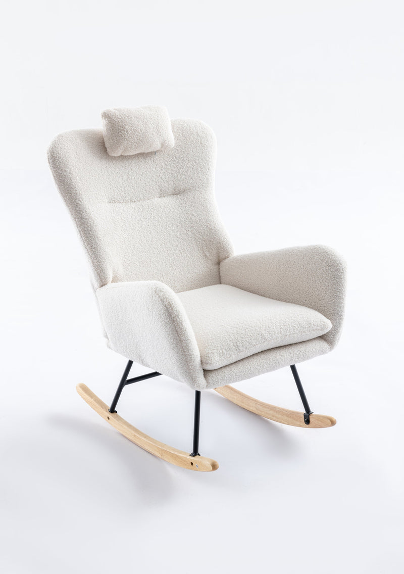 35.5 inch Rocking Chair with Pocket, Soft Teddy Fabric Rocking Chair for Nursery, Comfy Wingback Glider Rocker with Safe Solid Wood Base for Living Room Bedroom Balcony (white)