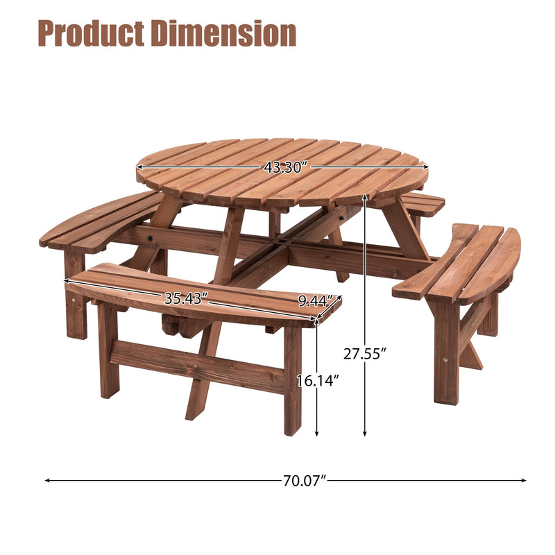 8 Person Wooden Picnic Table, Outdoor Camping Dining Table with Seat, Garden, DIY w/ 4 Built-in Benches, 2220lb Capacity