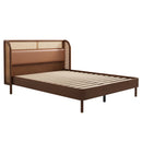 3 Pieces Modern Cannage Rattan Platform Queen Bed + Nightstandx2, Walnut