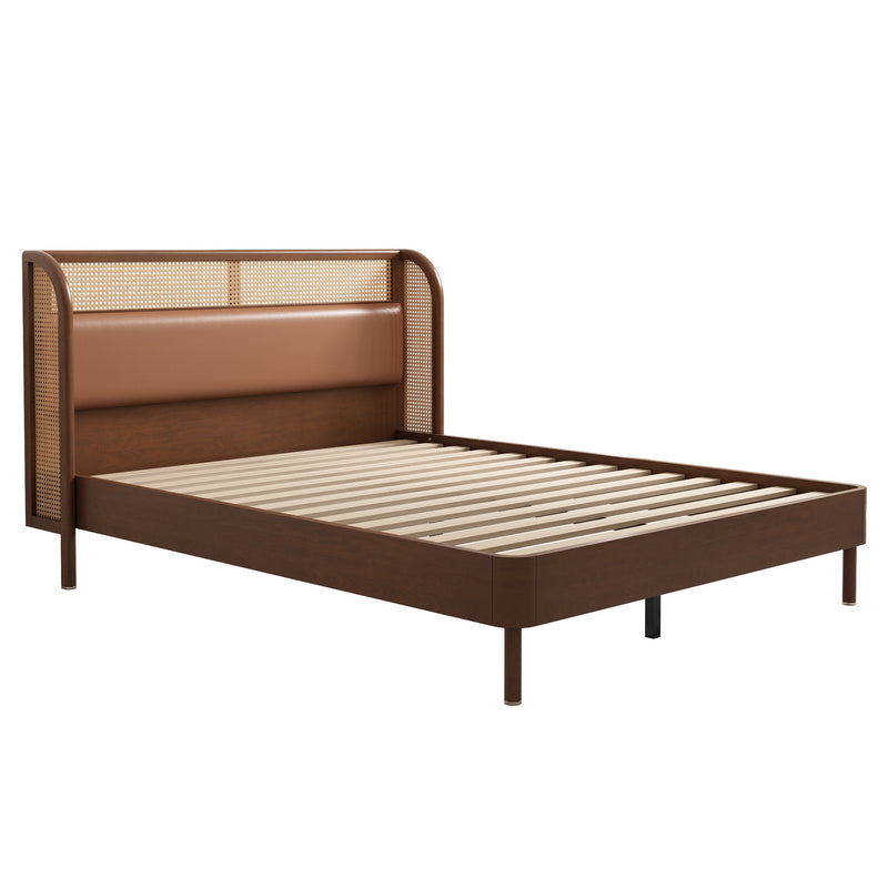 3 Pieces Modern Cannage Rattan Platform Queen Bed + Nightstandx2, Walnut