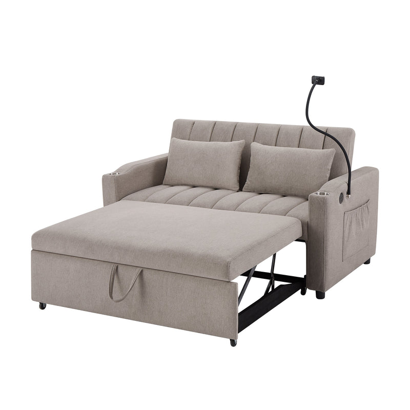 55.9" Convertible Sofa Bed Loveseat Sofa with Three USB Ports, Two Side Pockets, Two Cup Holders and 360Swivel Phone Holder for Living Room, Light Grey