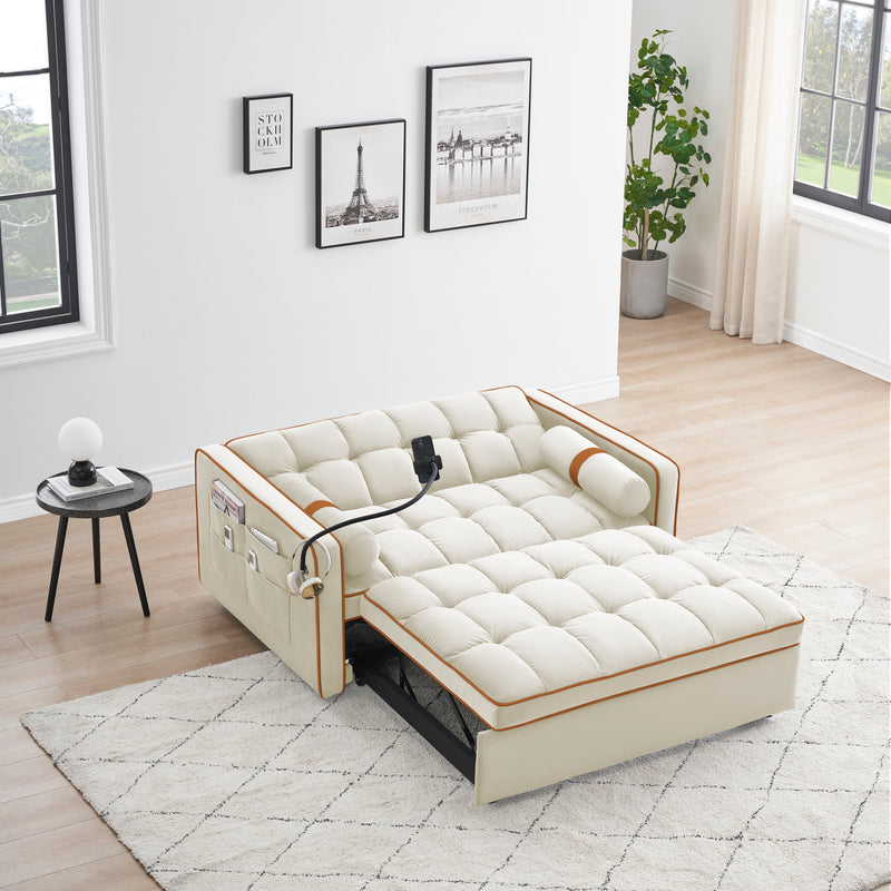 Sleeper Sofa Couch w/Pull Out Bed, 55" Modern Velvet Convertible Sleeper Sofa Bed, Small Love seat Sofa Bed w/Pillows & Side Pockets for Small Space, Living Room, Apartment,Beige