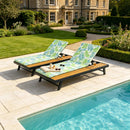 Black Iron + Teak Finish Outdoor Chaise Lounge Set with Leaf Coconut Cushion by HouseOfZazla