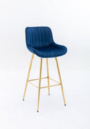30 inch Set of 2 Bar Stools, with Chrome Footrest Velvet Fabric Counter Stool Golden Leg Simple High Bar Stool, BLUE