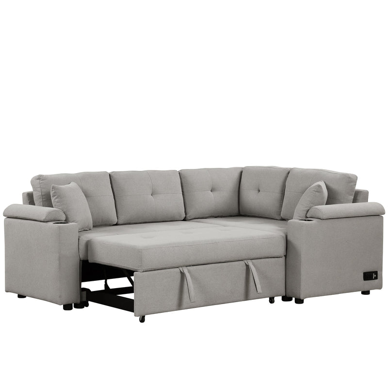 87.4" L-shape Sofa Bed Pull-out Sleeper Sofa with Wheels, USB Ports, Power Sockets for Living Room, Grey