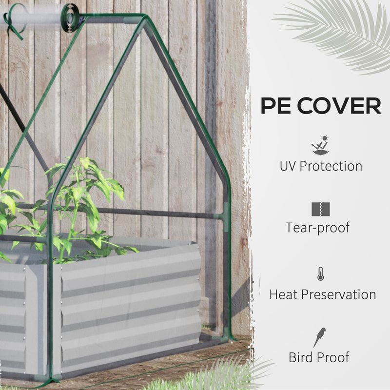 4' x 3' Galvanized Raised Garden Bed with Mini PVC Greenhouse Cover, Outdoor Metal Planter Box with 2 Roll-Up Windows for Growing Flowers, Fruits, Vegetables and Herbs, Clear