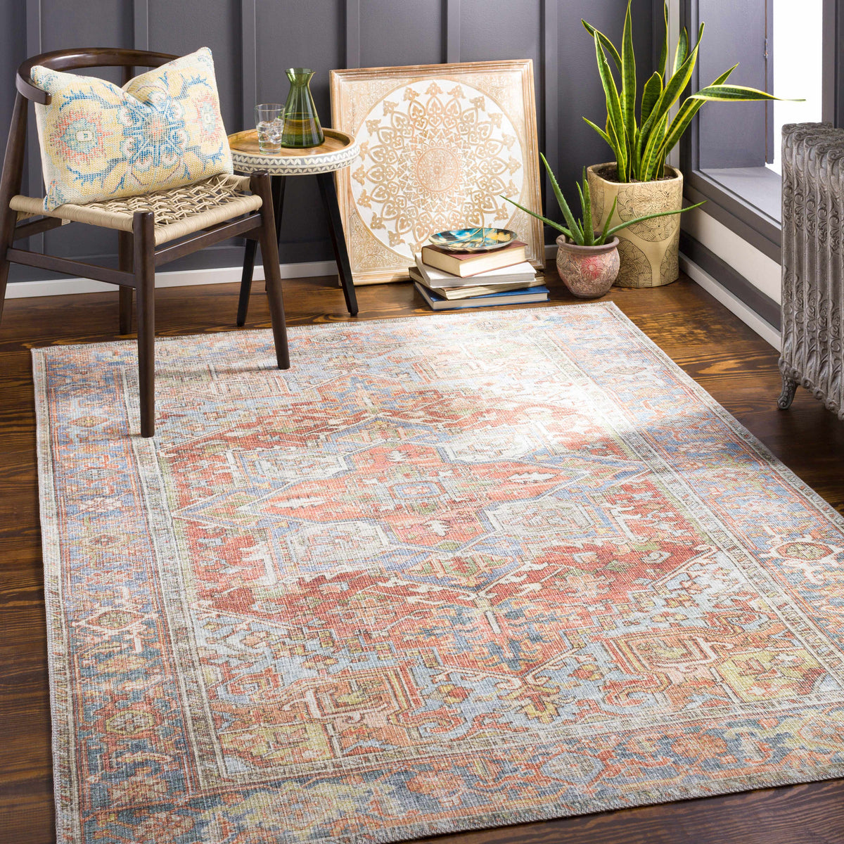 Maayon Medallion Rust Washable Area Rug, installed in a room