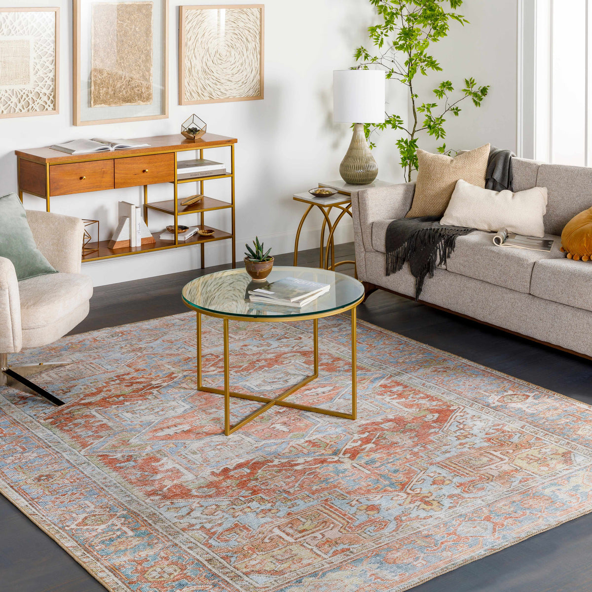 Maayon Medallion Rust Washable Area Rug, installed in a room