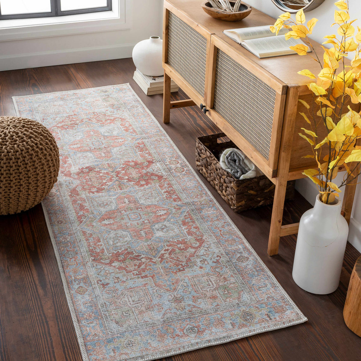Maayon Medallion Rust Washable Area Rug, installed in a room